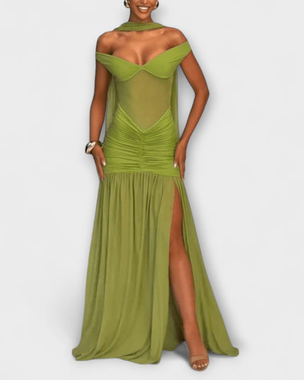 Leokadia - Olivfarbenes V-Ausschnitt Maxikleid