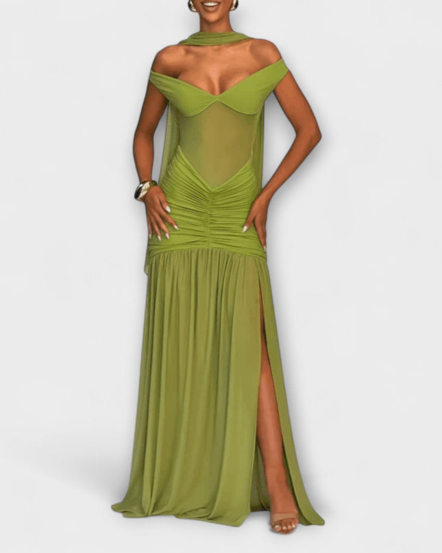 Leokadia - Olivfarbenes V-Ausschnitt Maxikleid