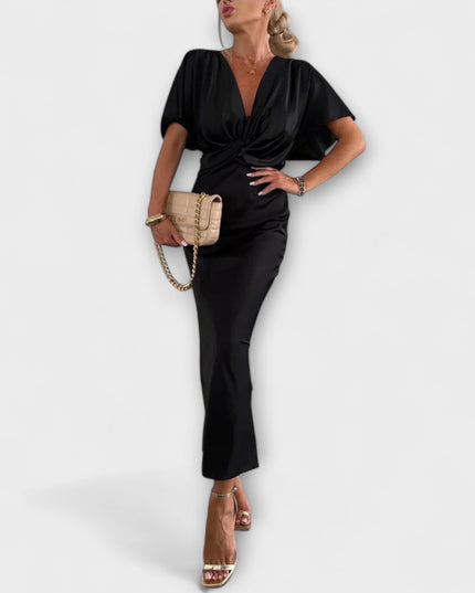 Simone - Solides Satin V-Ausschnitt Kreuzknoten Slim Fit Maxi Kleid
