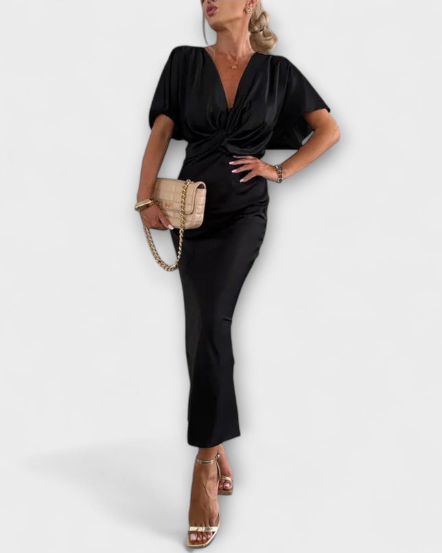 Simone - Solides Satin V-Ausschnitt Kreuzknoten Slim Fit Maxi Kleid