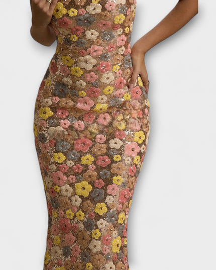 Nadine - Maxi-Kleid mit floralen Pailletten im 80er-Jahre-Stil