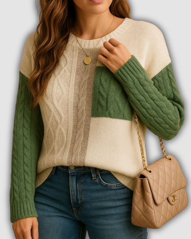 Evangeline -Gestrickter Damenpullover mit Zopfmuster und Taschendetail