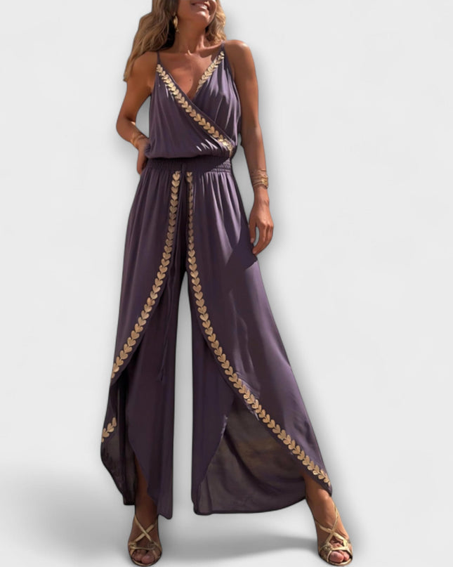 Florina - Donatila V-Ausschnitt Jumpsuit mit Stickerei und offenen Beinen