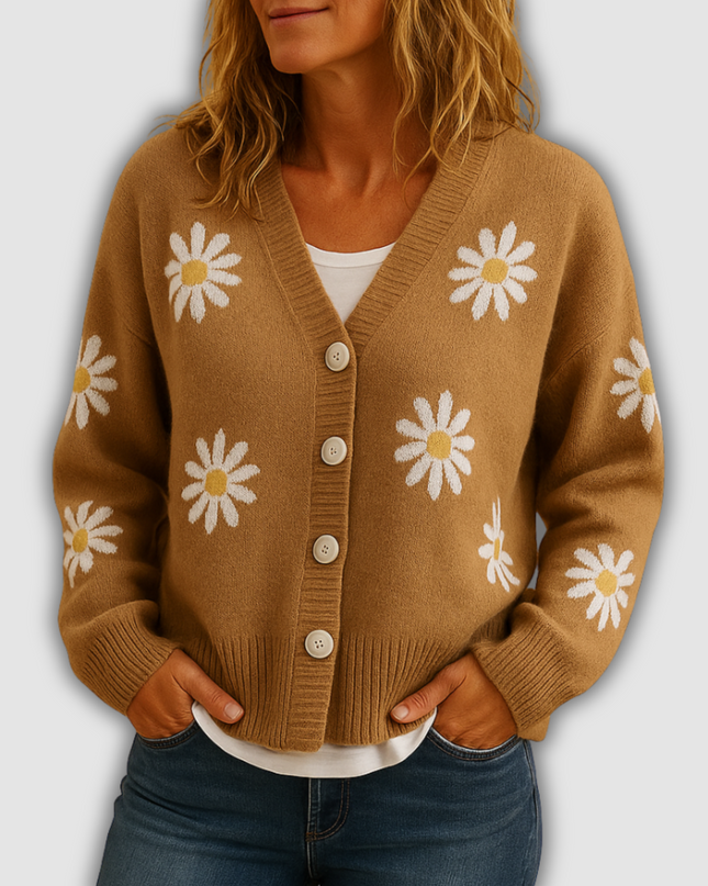 Thalia - Damenstrickjacke mit Blumenmuster und Knopfverschluss