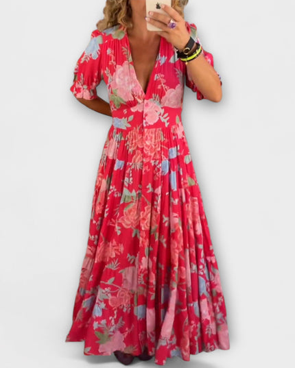 Angelika - Floral Print V-Ausschnitt Taschenkleid