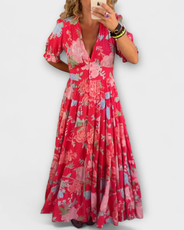 Angelika - Floral Print V-Ausschnitt Taschenkleid