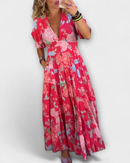 Angelika - Floral Print V-Ausschnitt Taschenkleid