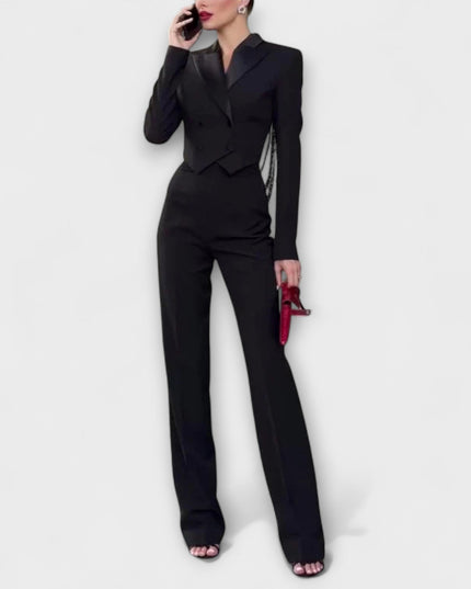 Noa - Schwarzes Perlenbesetztes Rückenfreies Kurzes Blazer Set