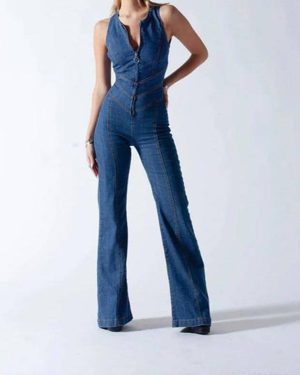 Karina - Denim-Jumpsuit mit weitem Bein und Bindeband im Rücken