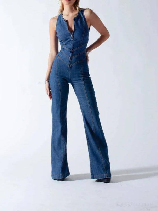 Karina - Denim-Jumpsuit mit weitem Bein und Bindeband im Rücken