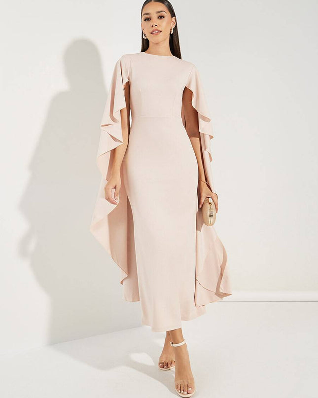 Inga - Hellrosa Midi-Kleid mit V-Ausschnitt und Chiffon-Ärmel