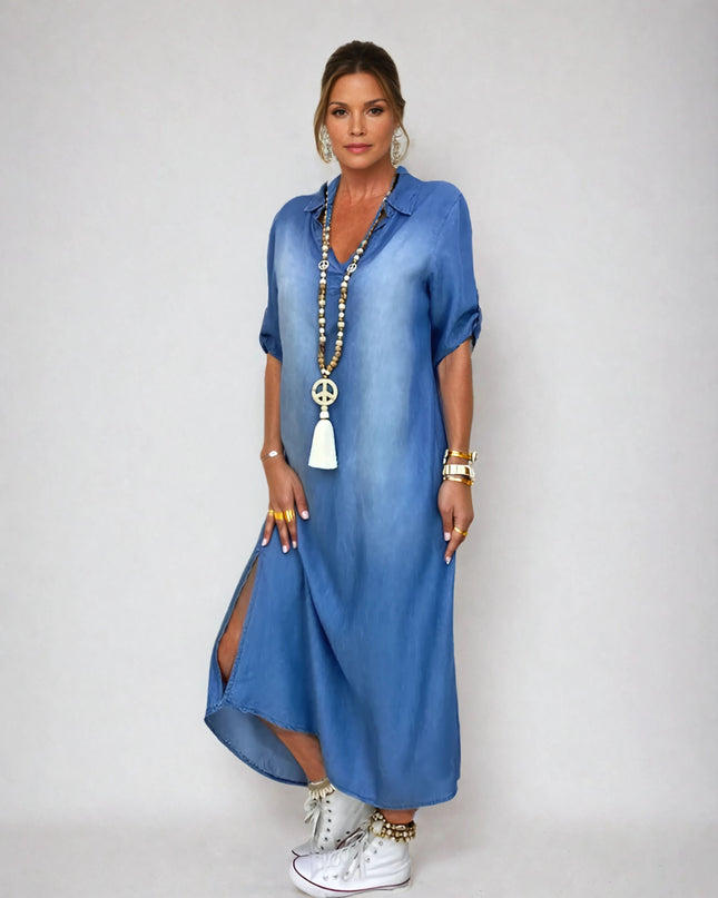 Luna - Langes Kleid im Jeans-Look mit Seitenschlitz