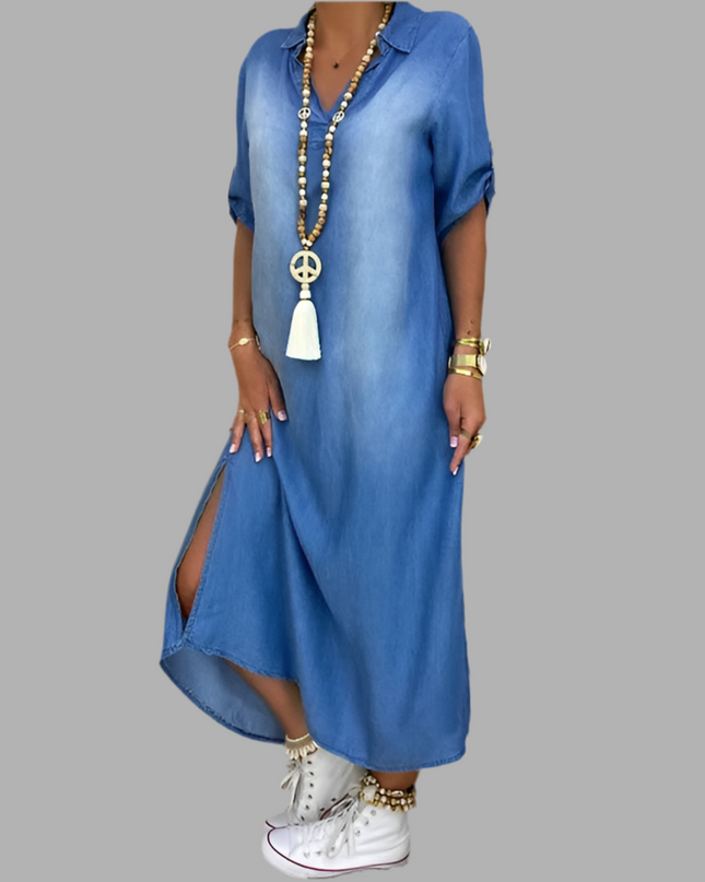 Luna - Langes Kleid im Jeans-Look mit Seitenschlitz
