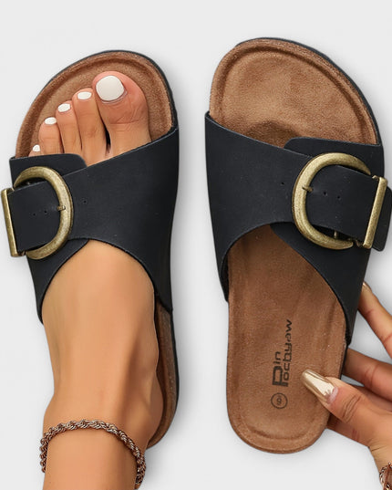 Nanni - Damen Kork Pantoletten mit Schnallenriemen Design