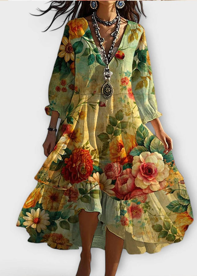 Christel - Vintage Boho Blumenmuster V-Ausschnitt Kleid