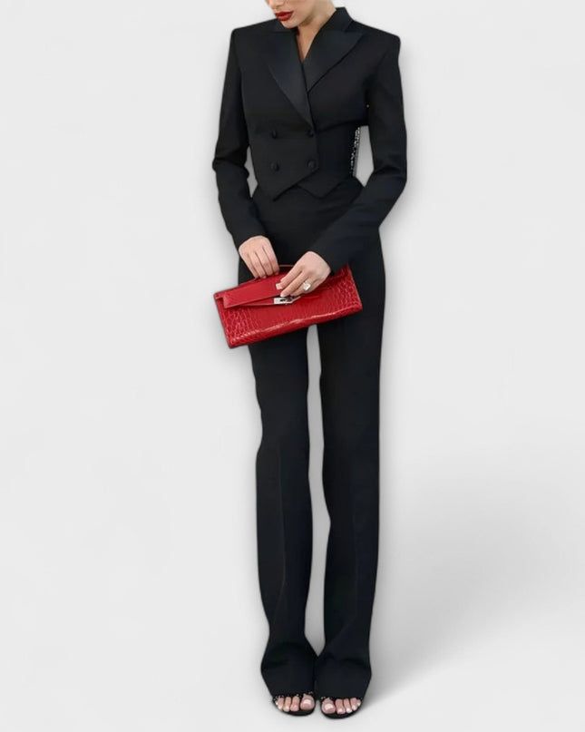 Noa - Schwarzes Perlenbesetztes Rückenfreies Kurzes Blazer Set