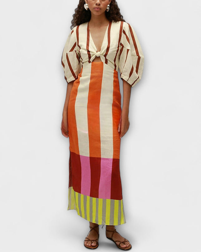 Elina - Maxi-Kleid mit Front-Ausschnitt und Puffärmeln