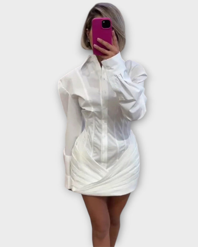 Maja - Langärmliges weißes plissiertes Hemdkleid