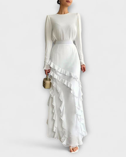 Almut - Slim Fit Langkleid mit dreidimensionalen Rüschen
