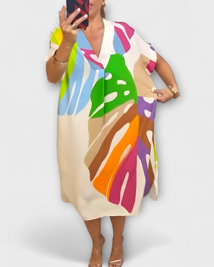 Carola - Lässiges Kleid mit Bunter Blätterdruck