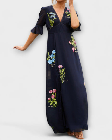 Zoe - Elegantes Navy Blau Kleid mit Floralstickerei