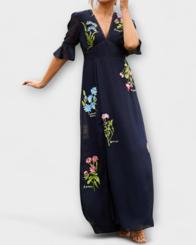 Zoe - Elegantes Navy Blau Kleid mit Floralstickerei