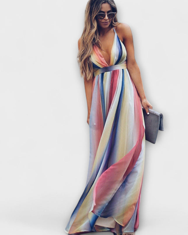 Florence - Mehrfarbig Gestreiftes Damenkleid mit V-Ausschnitt