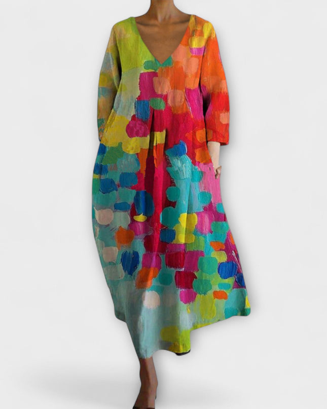 Melinda - Langes, farbenfrohes Kleid mit V-Ausschnitt