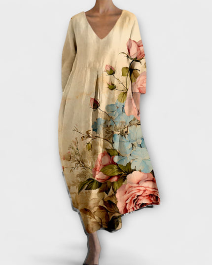 Melinda - Langes, farbenfrohes Kleid mit V-Ausschnitt