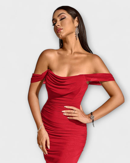 Waltraud - Off-Shoulder Raffung Bodycon Kleid