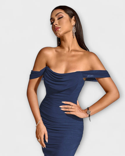 Waltraud - Off-Shoulder Raffung Bodycon Kleid