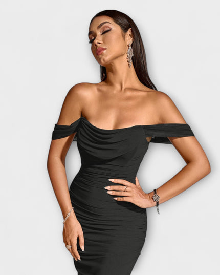 Waltraud - Off-Shoulder Raffung Bodycon Kleid