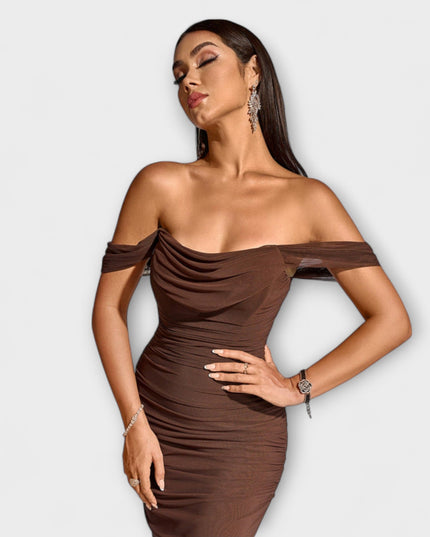 Waltraud - Off-Shoulder Raffung Bodycon Kleid