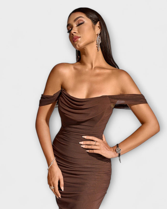 Waltraud - Off-Shoulder Raffung Bodycon Kleid