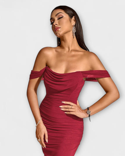 Waltraud - Off-Shoulder Raffung Bodycon Kleid