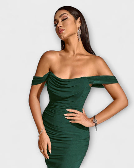 Waltraud - Off-Shoulder Raffung Bodycon Kleid