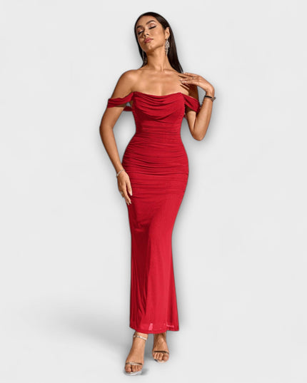 Waltraud - Off-Shoulder Raffung Bodycon Kleid
