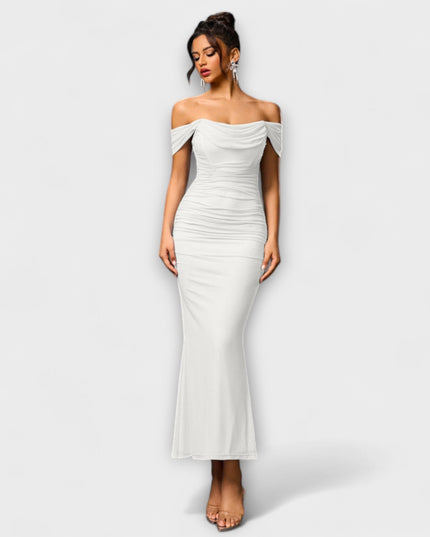 Waltraud - Off-Shoulder Raffung Bodycon Kleid
