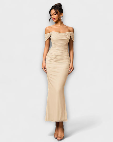 Waltraud - Off-Shoulder Raffung Bodycon Kleid