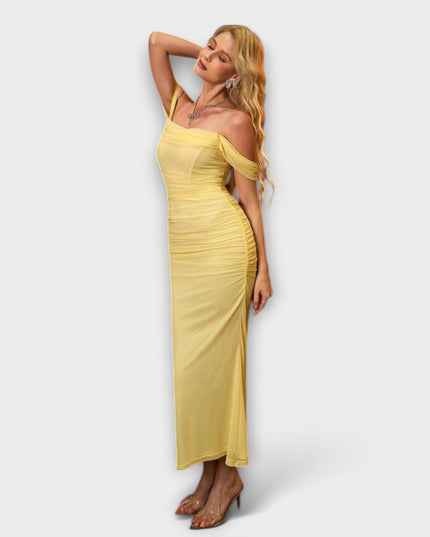 Waltraud - Off-Shoulder Raffung Bodycon Kleid