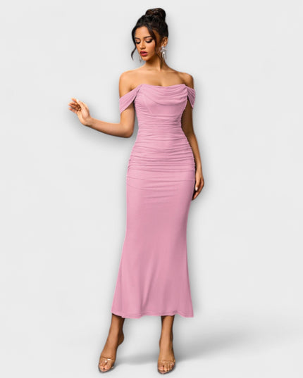 Waltraud - Off-Shoulder Raffung Bodycon Kleid