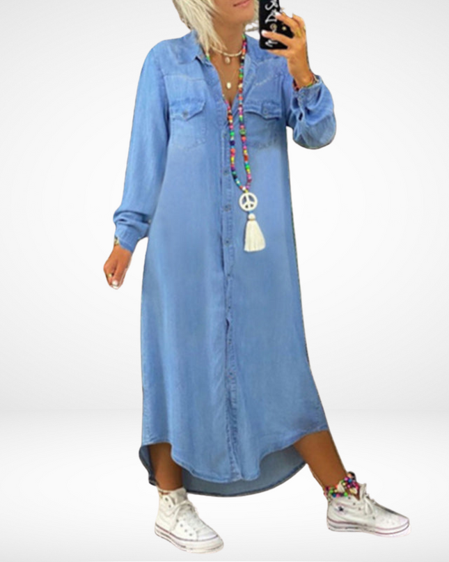 Herminia - Langärmliges Jeans Maxikleid