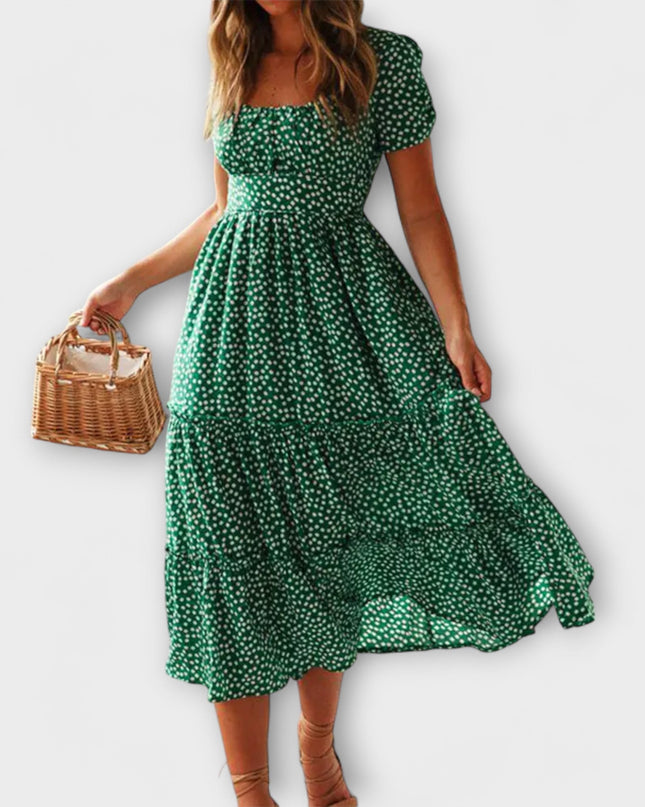 Franka - Vintage Blumenmuster Puffärmel Maxikleid
