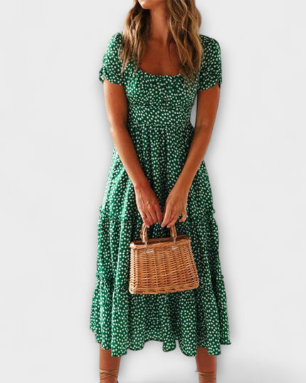 Franka - Vintage Blumenmuster Puffärmel Maxikleid