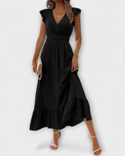 Klara - Maxikleid mit gerüschten Ärmeln und tiefem V-Ausschnitt