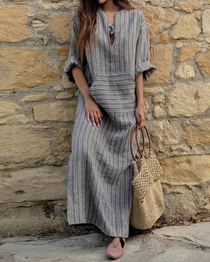Rita - Lässiges Maxikleid mit Streifen und V-Ausschnitt