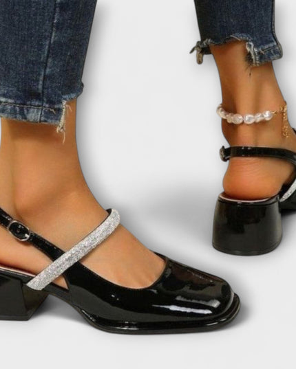 Erna - Mary Janes mit Glitzer-Riemen und Blockabsatz