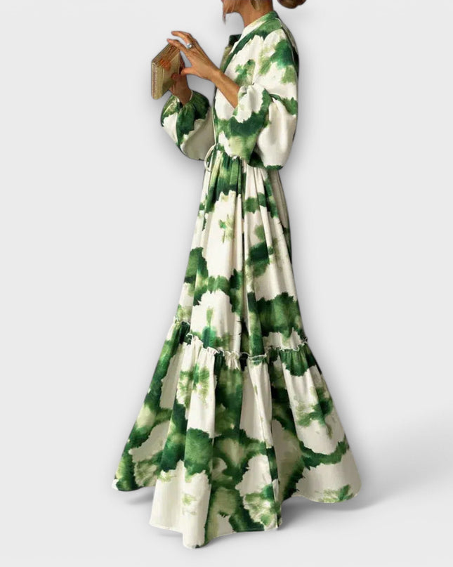 Paula - Grünes Maxi-Kleid mit langen Ärmeln und V-Ausschnitt