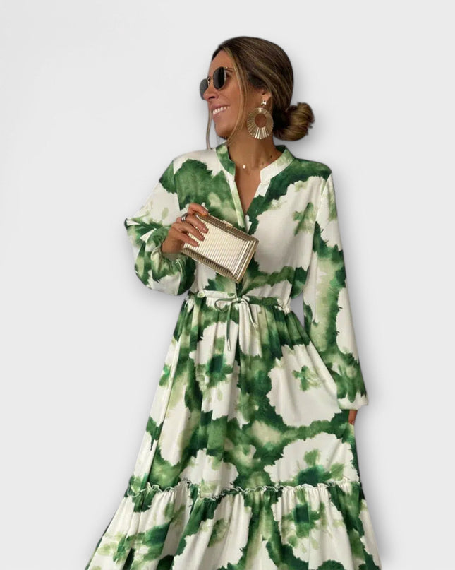 Paula - Grünes Maxi-Kleid mit langen Ärmeln und V-Ausschnitt