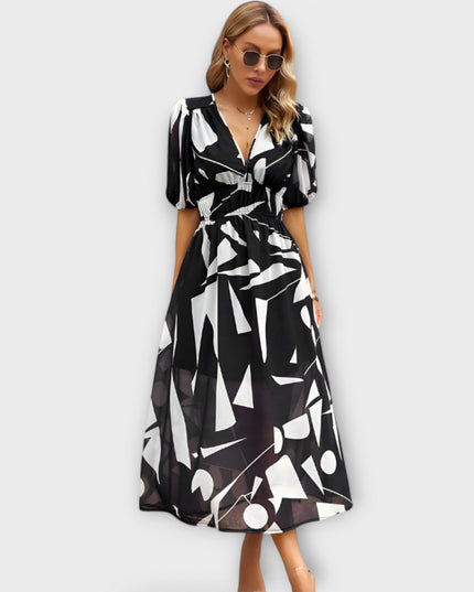 Rosa - Abstraktes Maxi-Kleid mit Puffärmeln